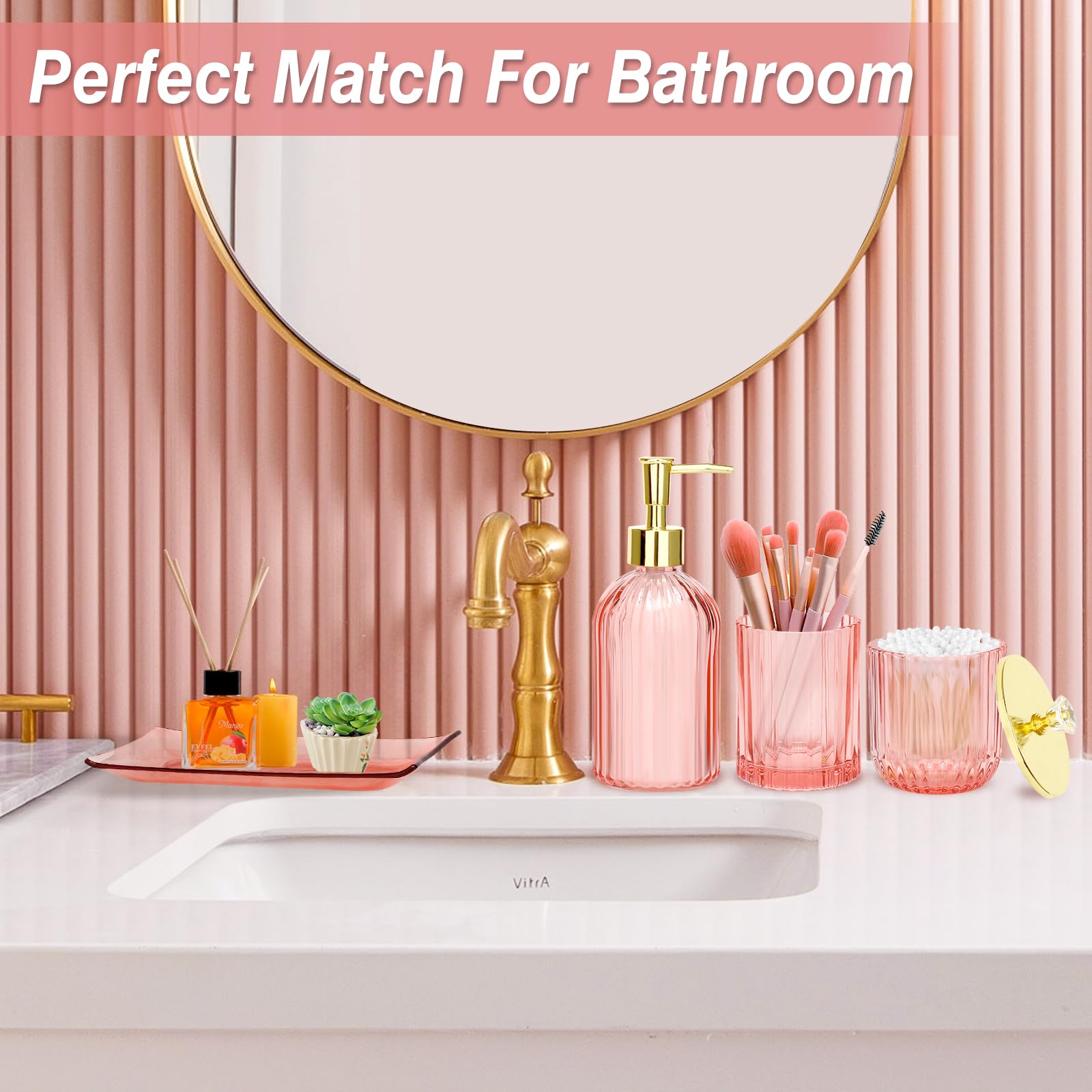 Jenseits pink glass q-tip holder supports neat storage and quick access.