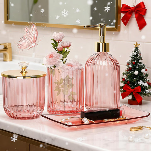 Jenseits pink glass toothbrush holder keeps counters tidy and stylish.