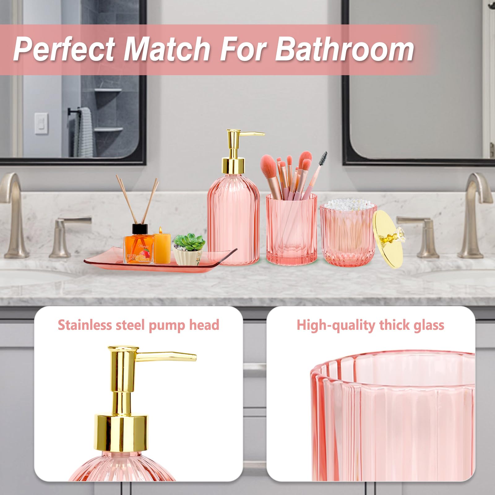 Jenseits pink bathroom accessories improve daily routines with elegant details.