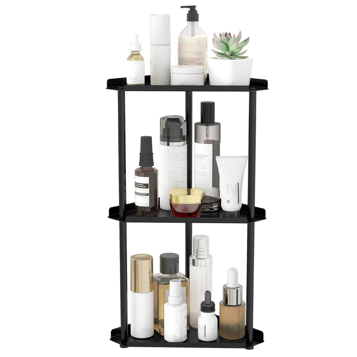 Jesginboo 3-tier organizer in black metal on bathroom counter for skincare storage.