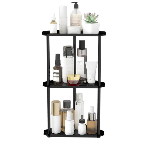 Jesginboo 3-tier organizer in black metal on bathroom counter for skincare storage.