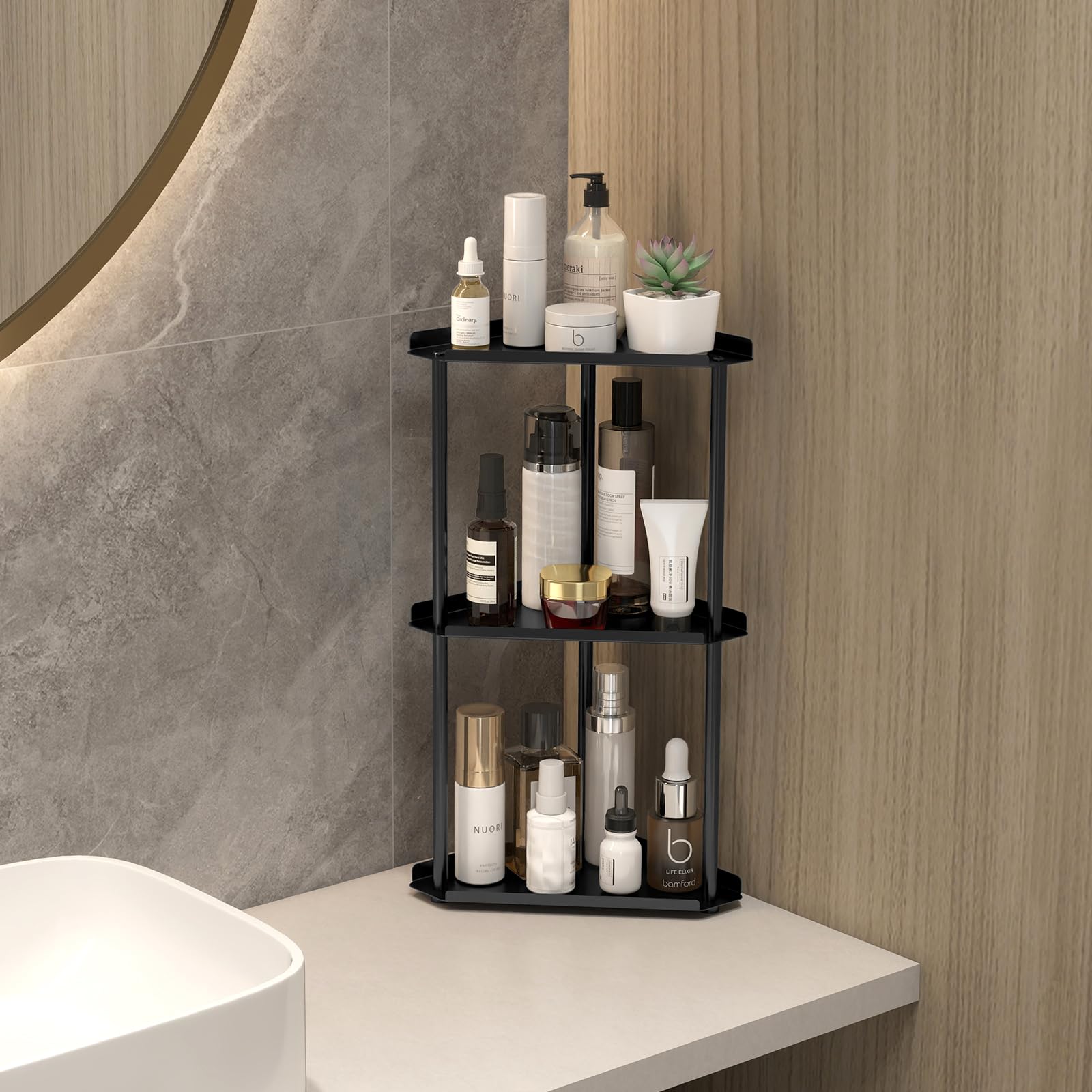 Jesginboo corner vanity shelf setup holding cosmetics and bottles.