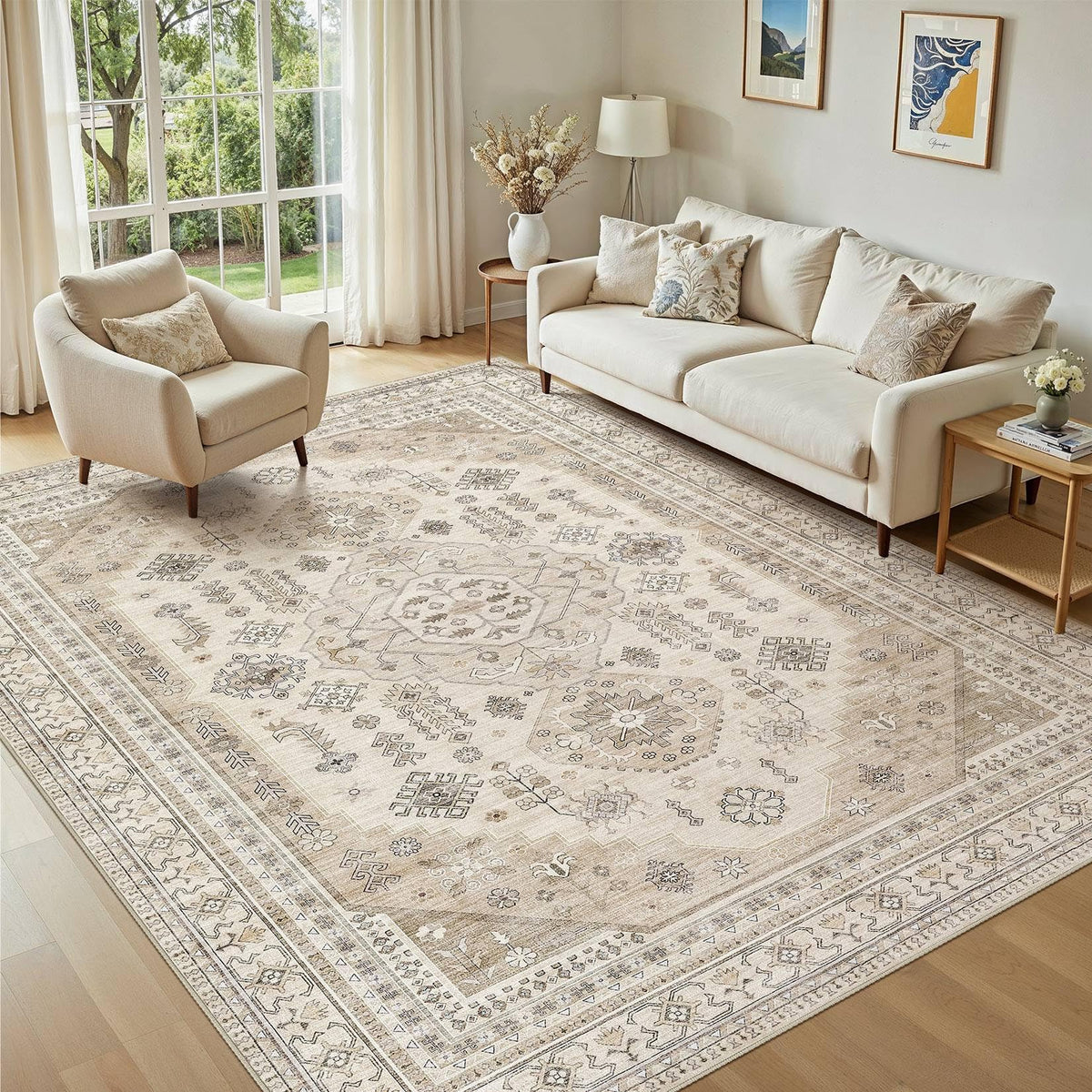 Jessibou 5x7 beige area rug in living room, highlighting soft texture and vintage style.