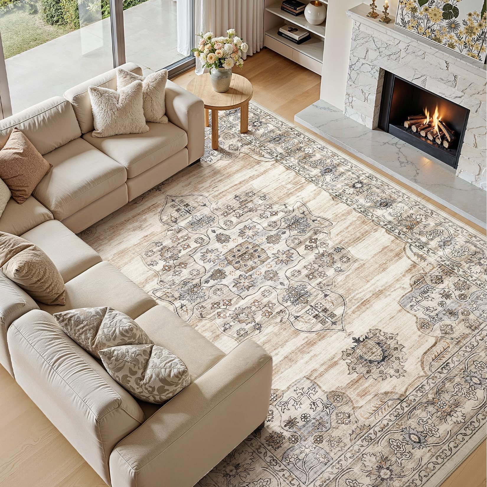 Jessibou machine-washable beige rug ready for quick refresh