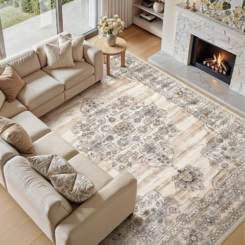 Jessibou machine-washable beige rug ready for quick refresh