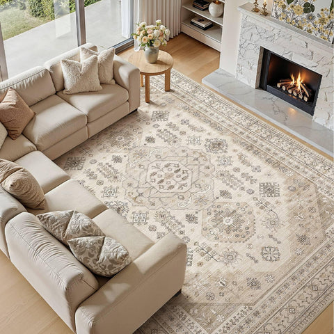 Close-up of Jessibou beige rug texture showing plush fibers for comfort.