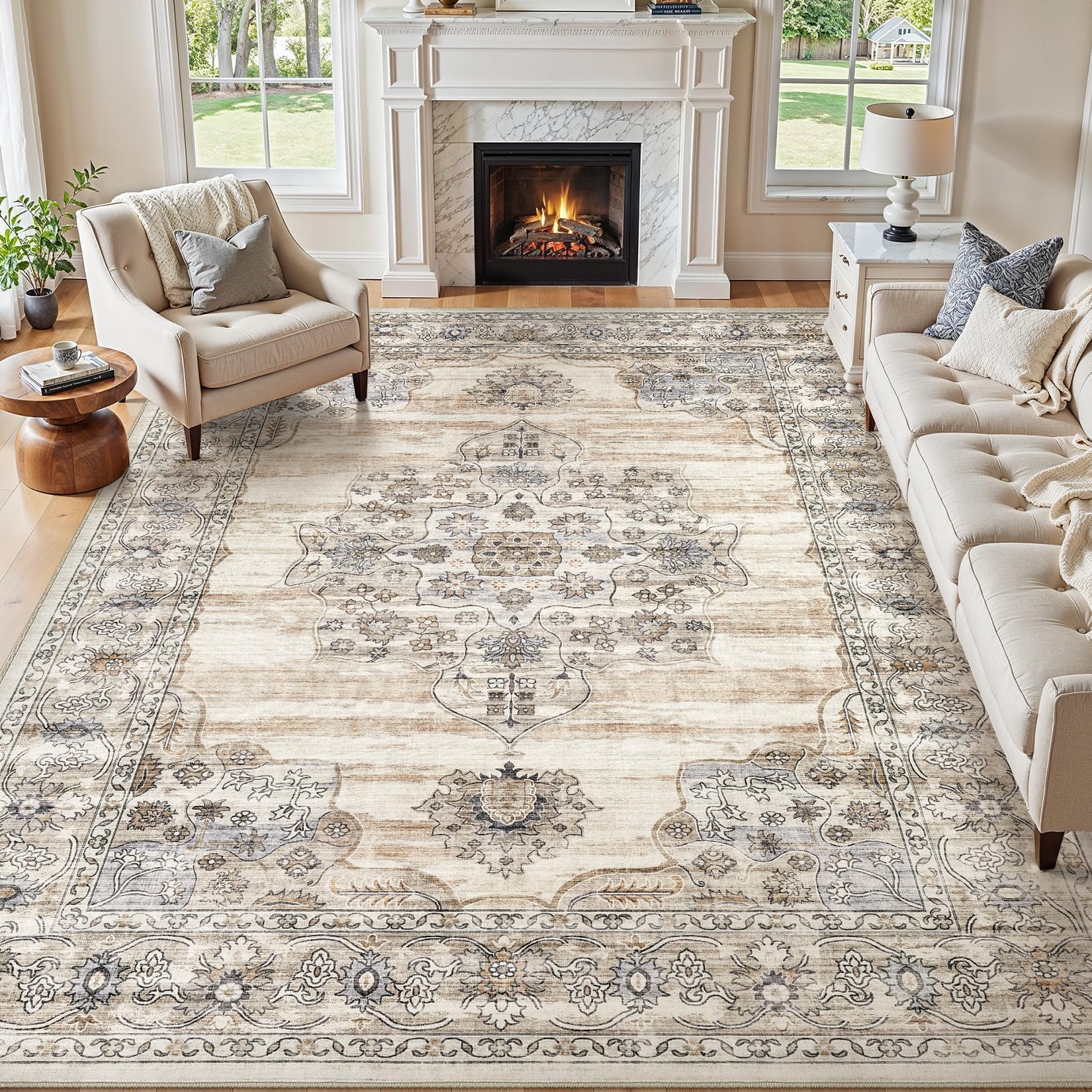 Jessibou beige washable 8x10 rug in living room showing versatile style and easy cleaning