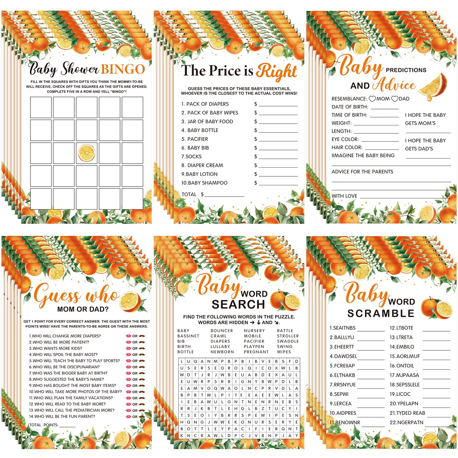 Jetec Little Cutie orange baby shower games set of cards for guest fun