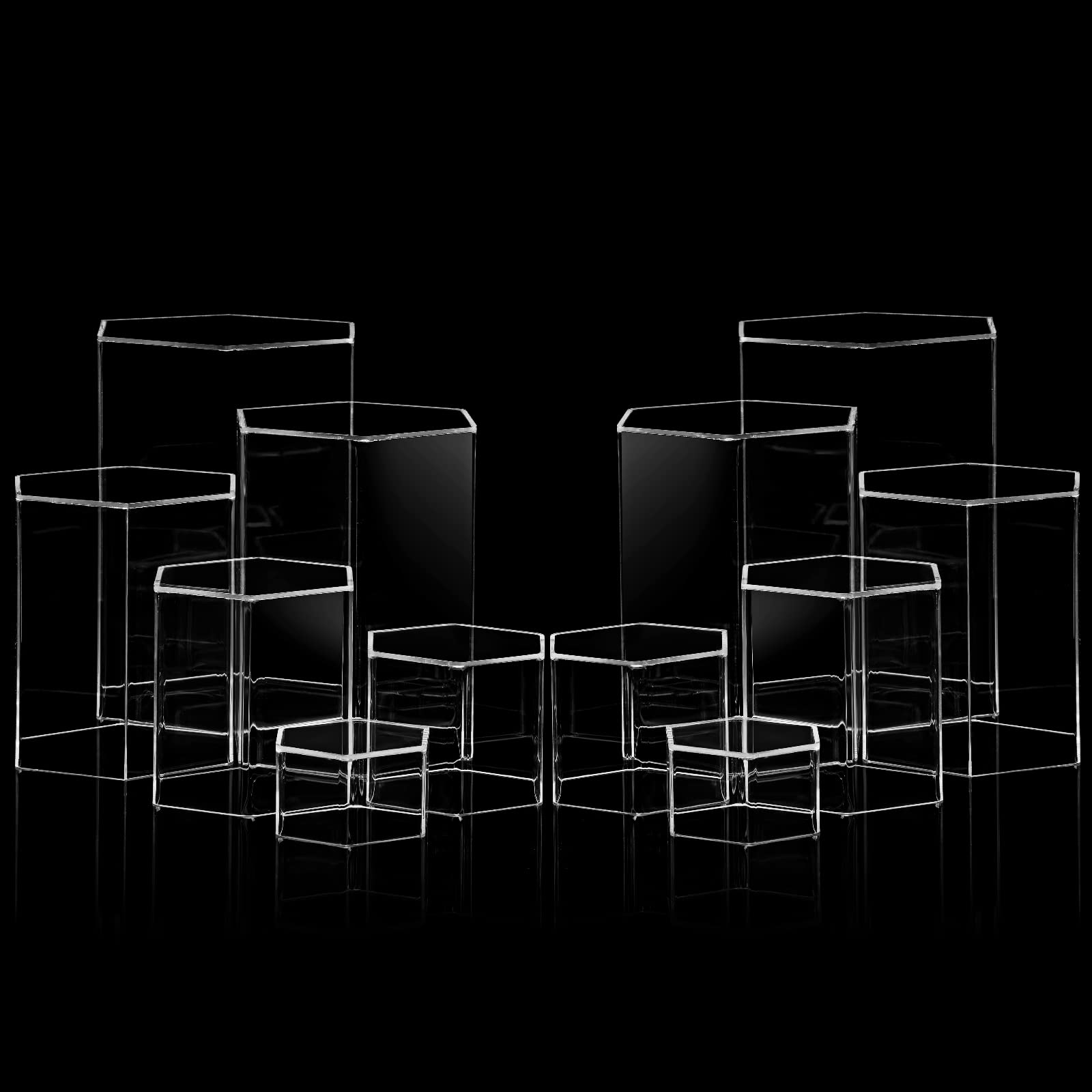 Jetec hexagonal display stand in clear acrylic for versatile jewelry presentation.