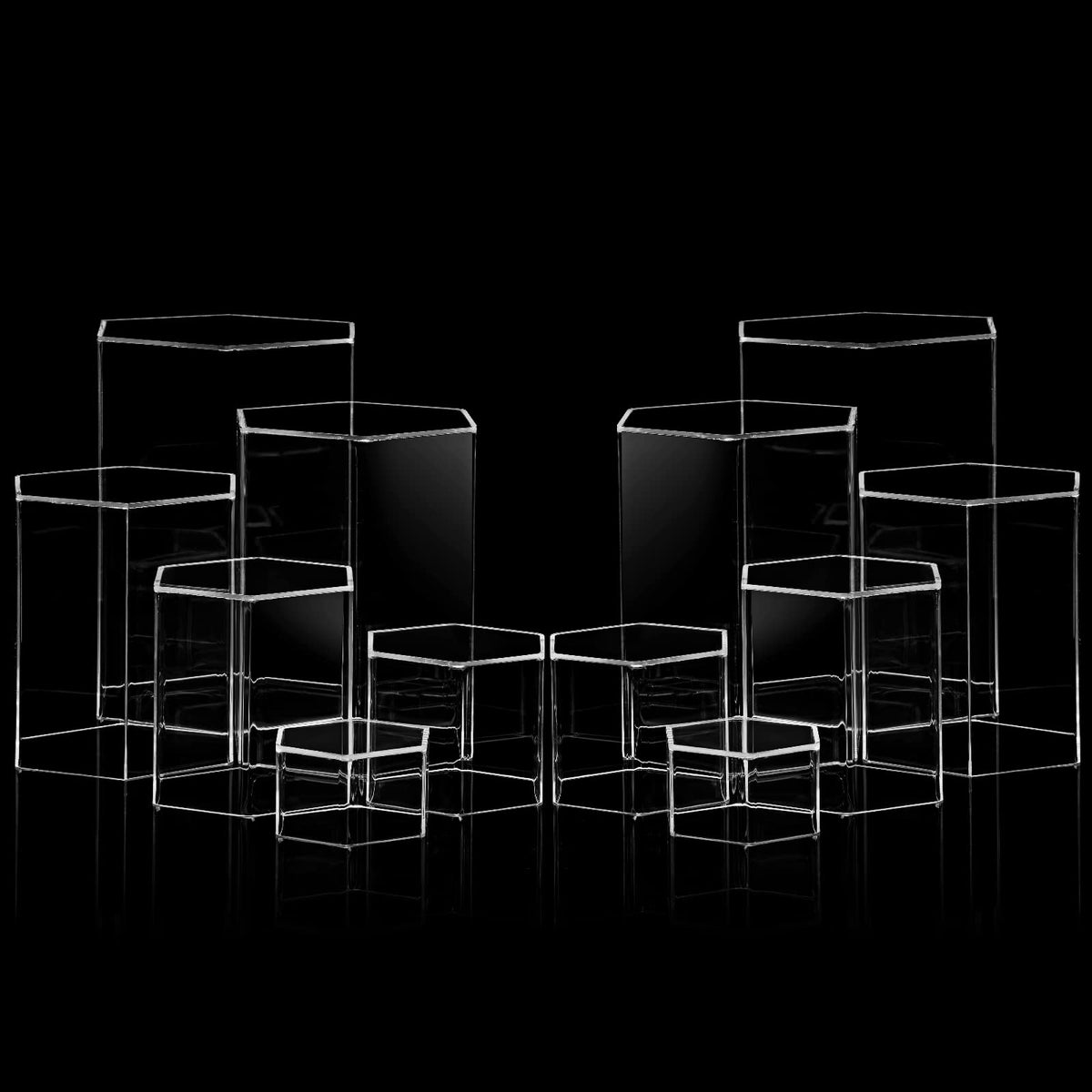 Jetec hexagonal display stand in clear acrylic for versatile jewelry presentation.