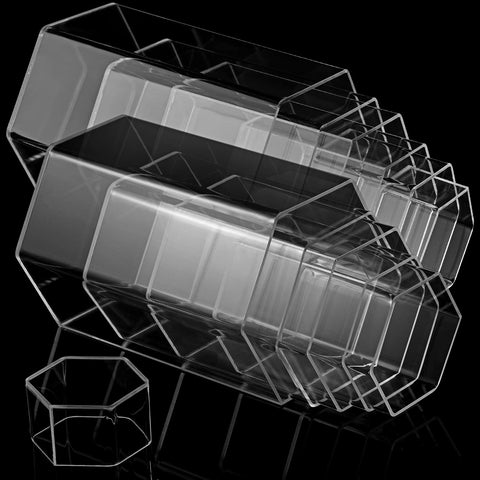Jetec hexagonal showcase risers highlight items with elegant multi-size arrangement.