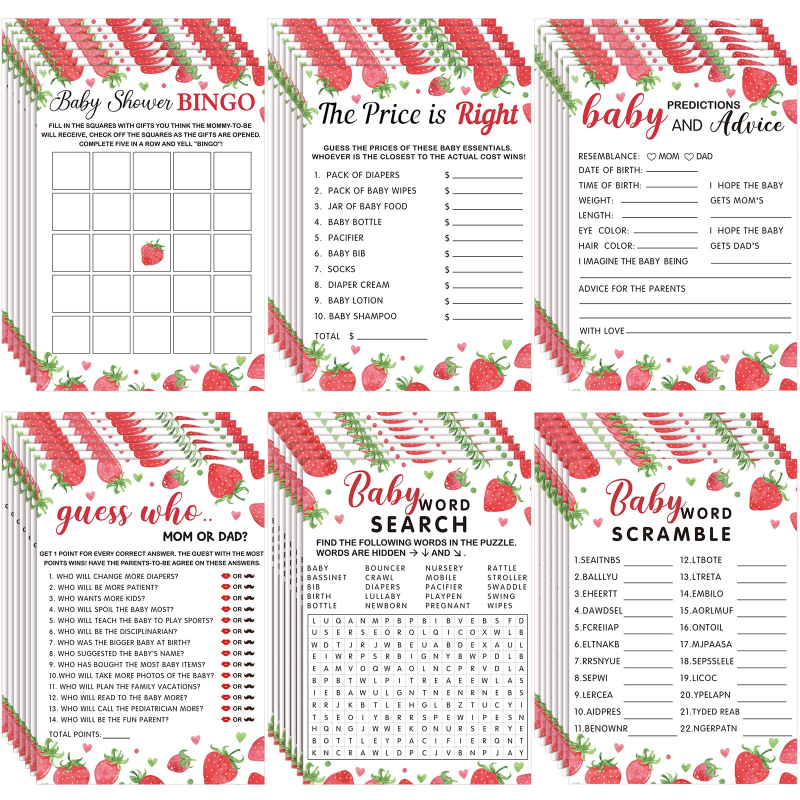 Jetec strawberry baby shower games pack-01 promotes lively guest interaction.