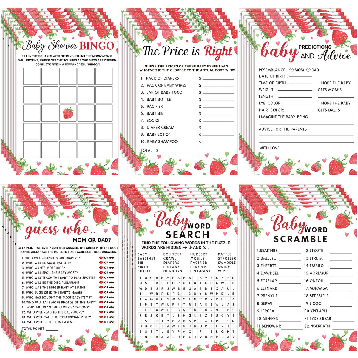 Jetec strawberry baby shower games pack-01 promotes lively guest interaction.