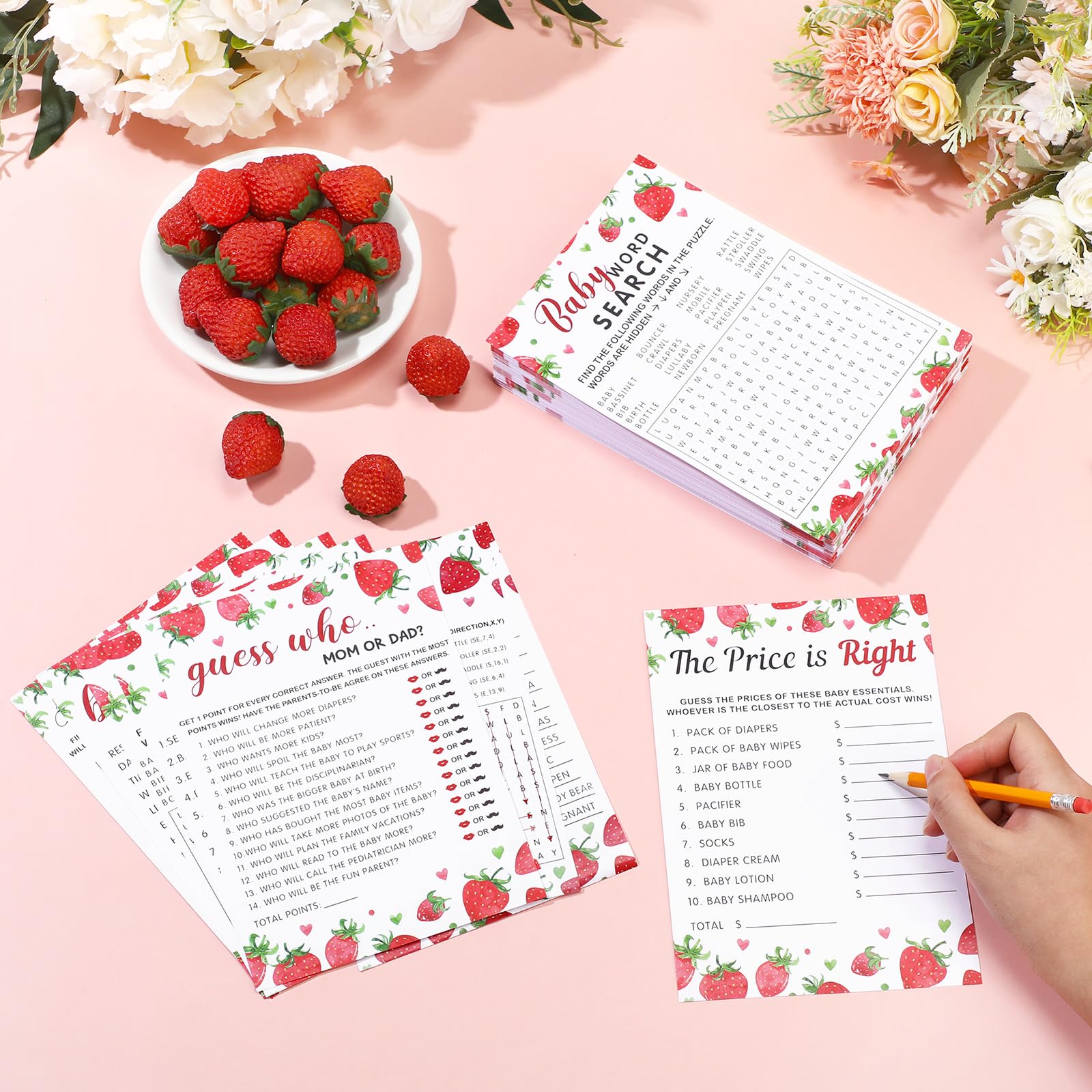 Jetec strawberry baby shower games pack-03 features durable 80gsm cards for lasting use.