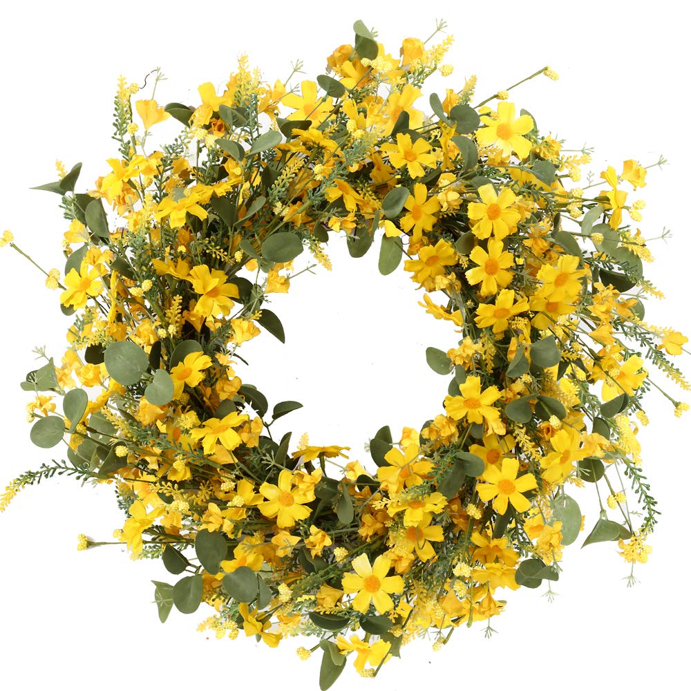 J'FLORU artificial spring wreath with yellow daisies on grapevine for front door decor.