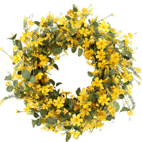 J'FLORU artificial spring wreath with yellow daisies on grapevine for front door decor.