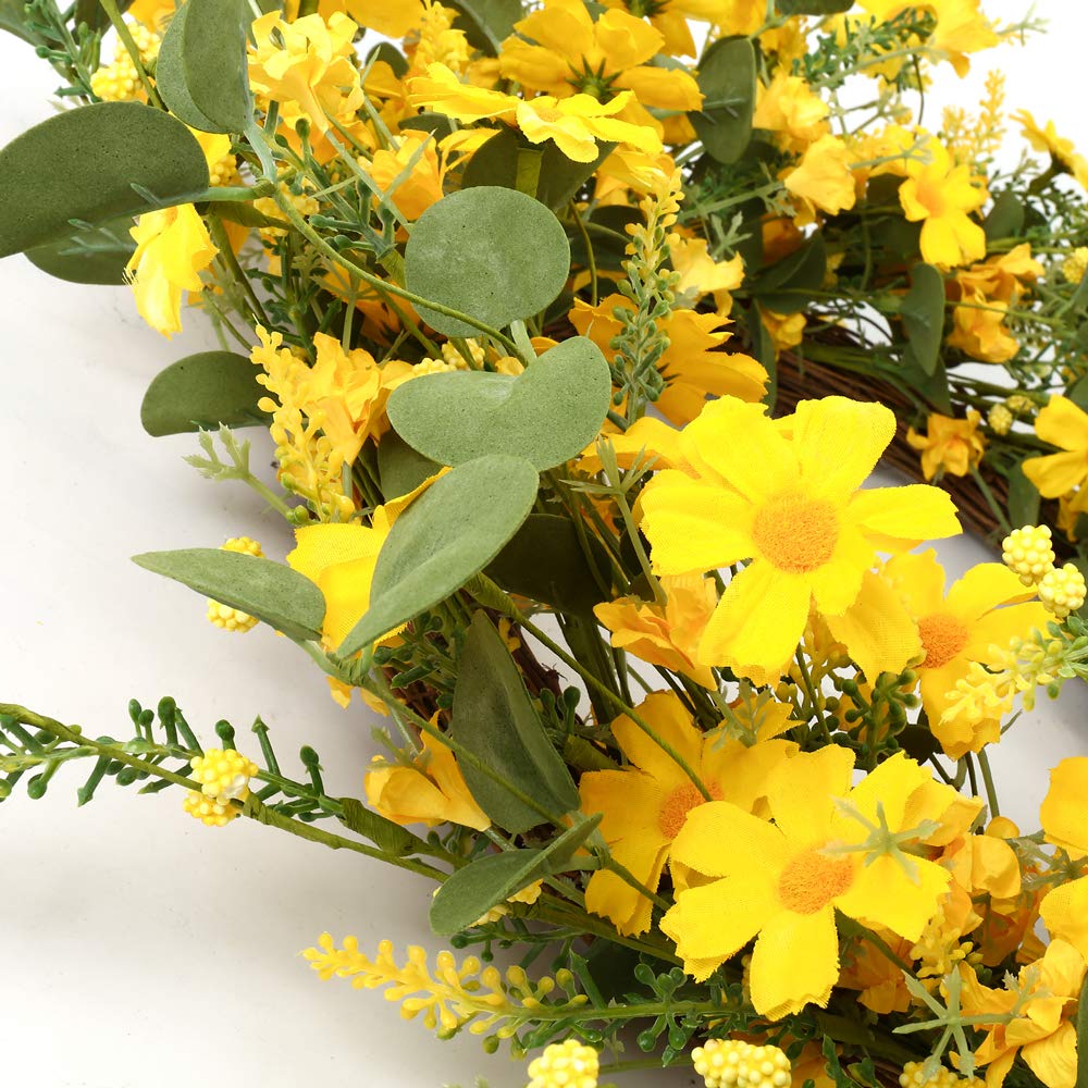 J'FLORU wreath close-up with jasmine, lavender, and daisies for indoor display.