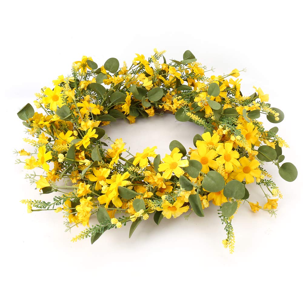 Front view of J'FLORU yellow spring wreath on a door.