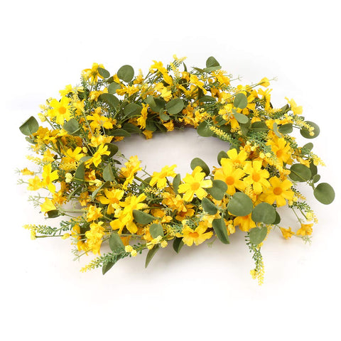 Front view of J'FLORU yellow spring wreath on a door.