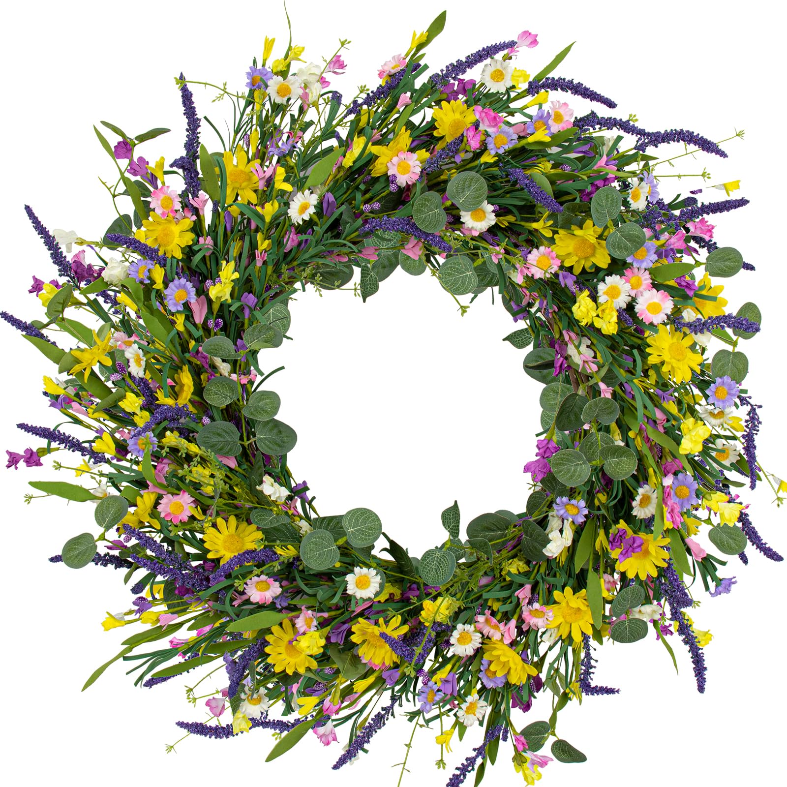J'FLORU large spring wreath on front door with daisies and lavender, enhancing curb appeal.
