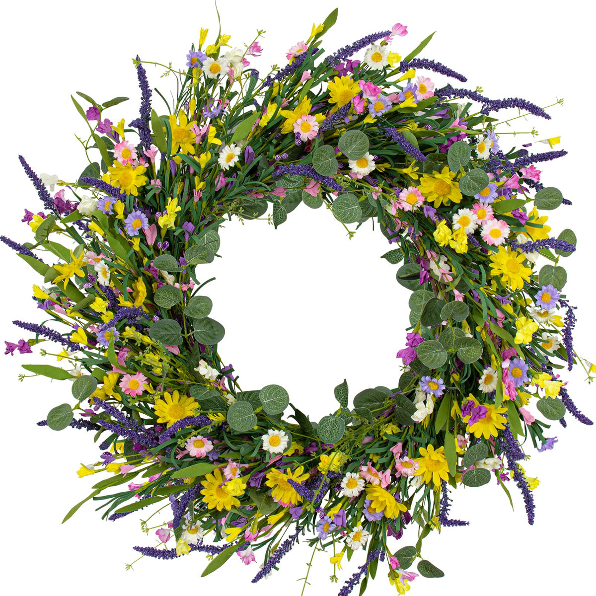 J'FLORU large spring wreath on front door with daisies and lavender, enhancing curb appeal.