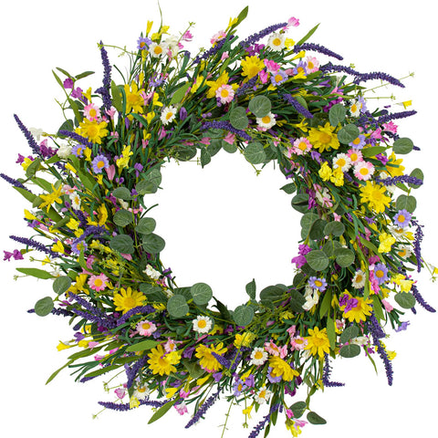 J'FLORU large spring wreath on front door with daisies and lavender, enhancing curb appeal.