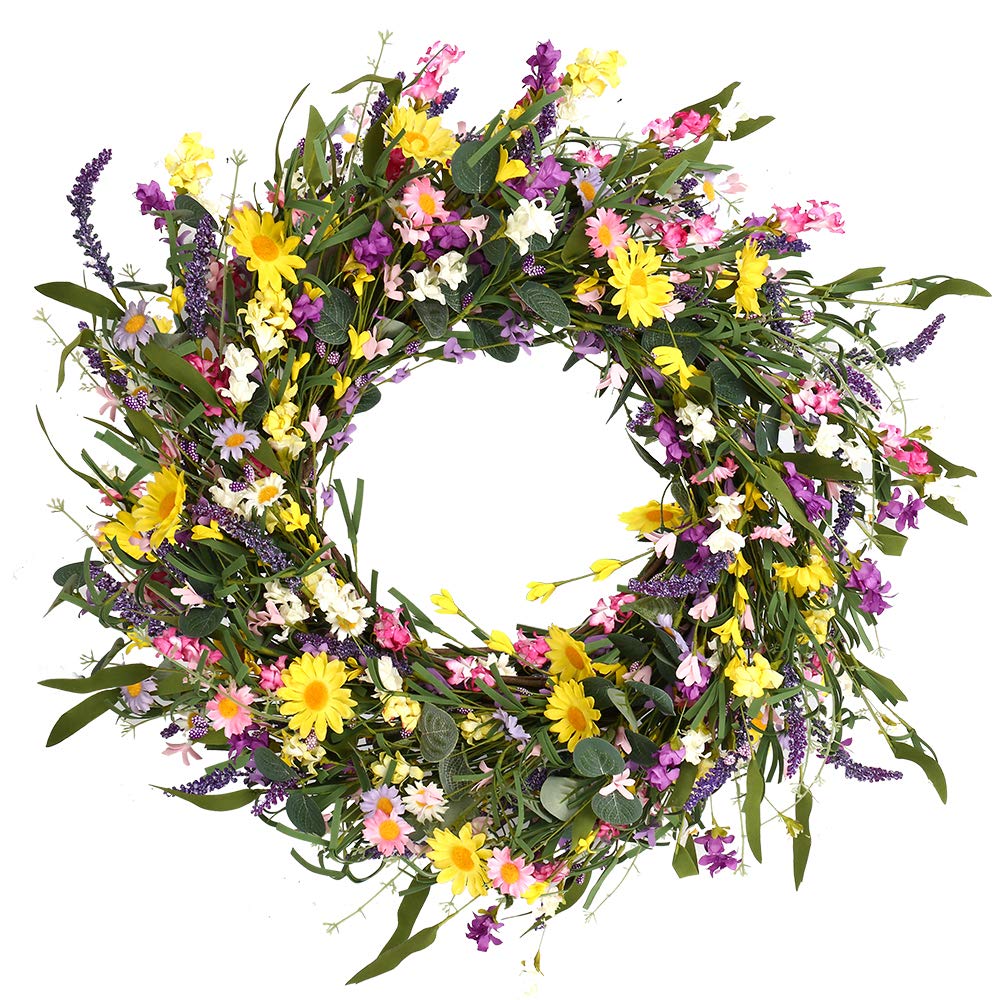 J'FLORU spring wreath on front door with 24-inch size boosts curb appeal.