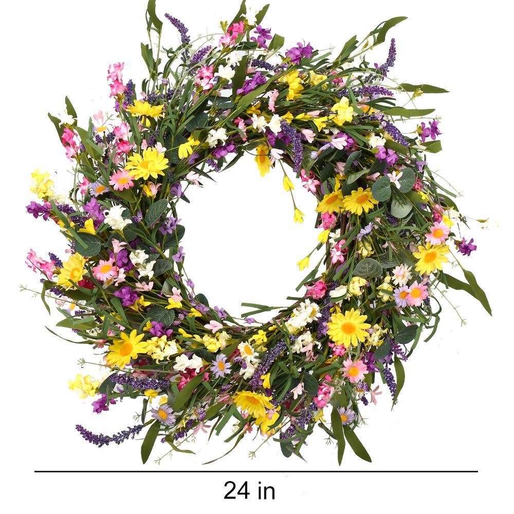 J'FLORU wreath with daisies and lavender detail for vibrant spring decor.