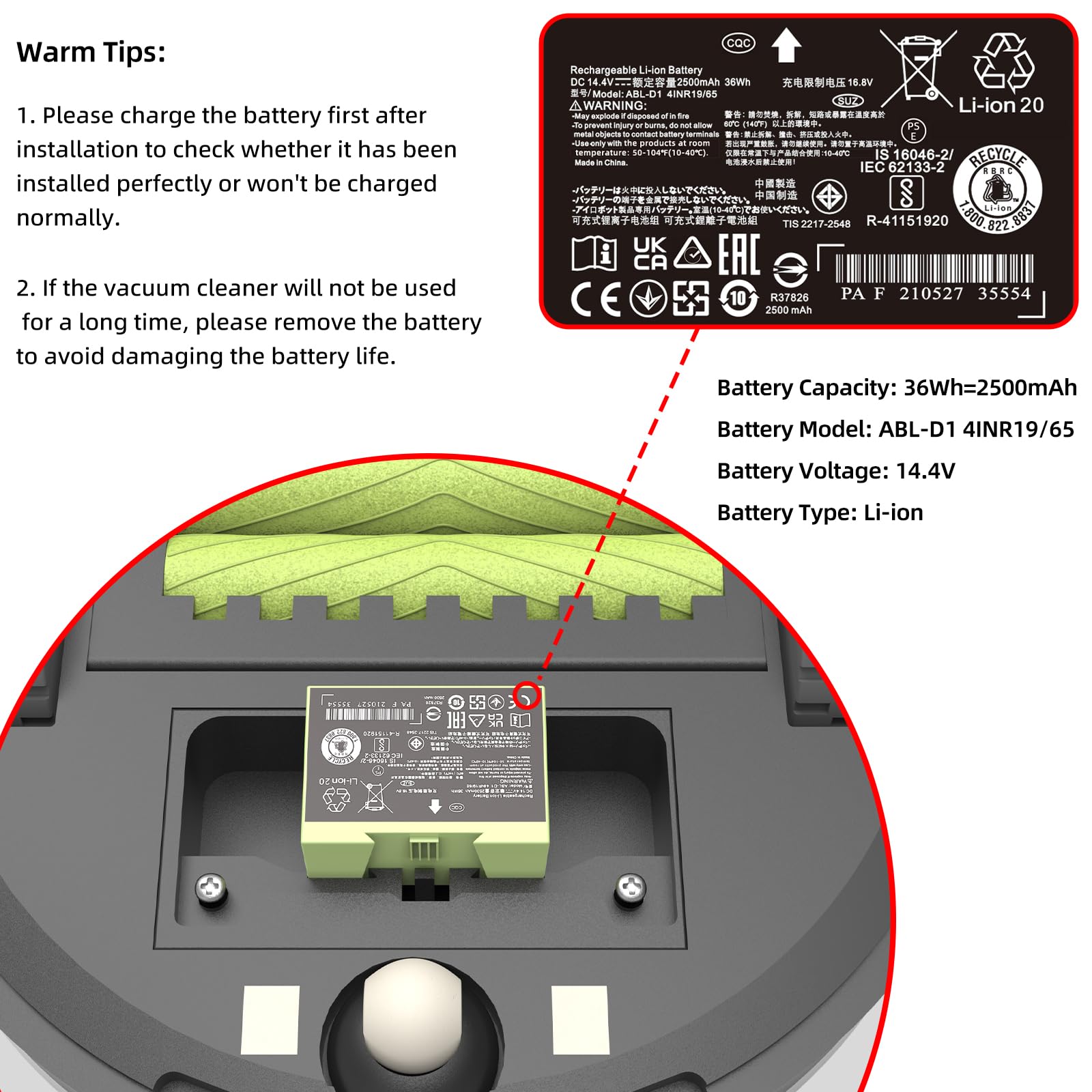 JGTM ABL-D1 compatibility label confirms Roomba i/e/j series support.