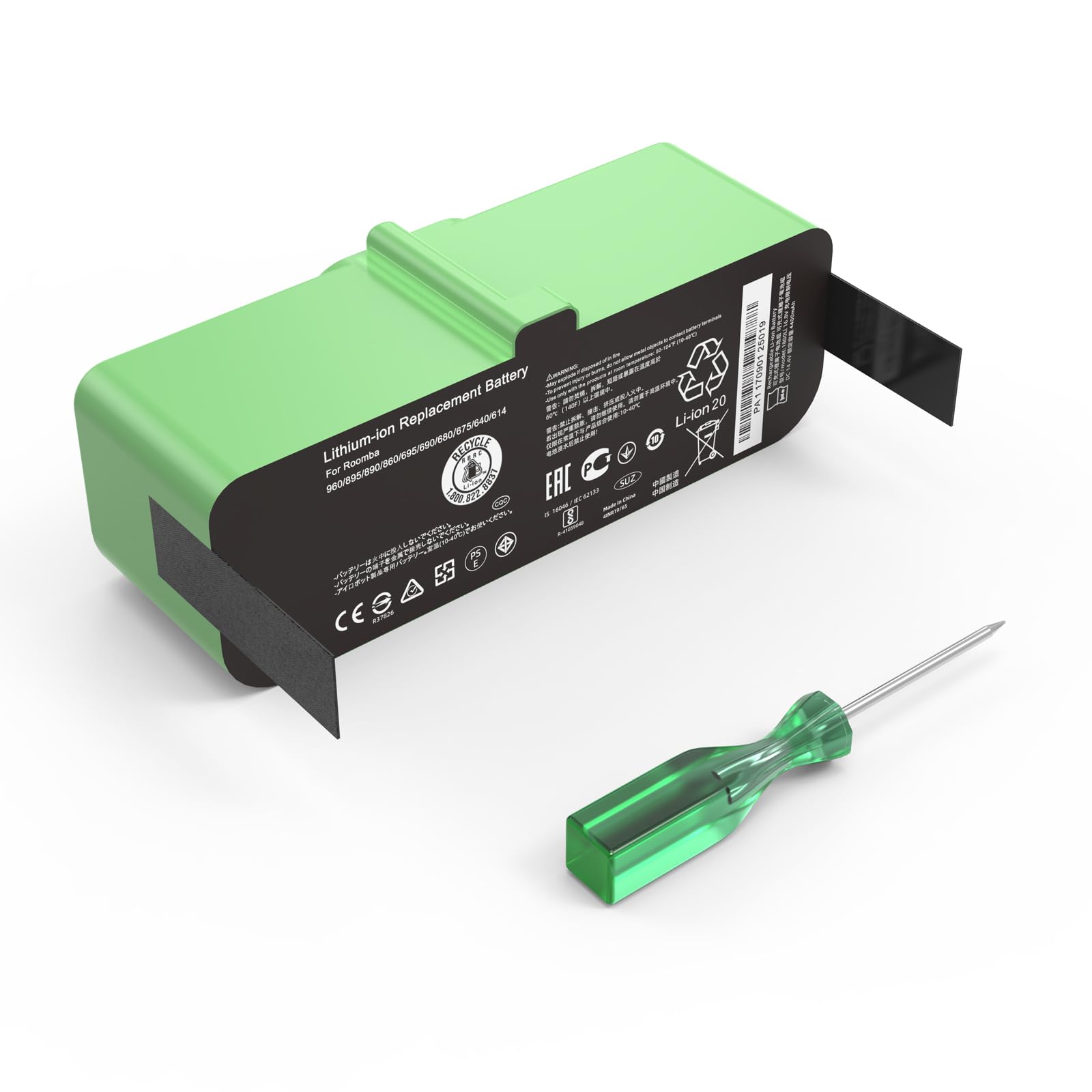 JGTM Roomba battery close-up showing 14-8v 65Wh 4400mAh capacity for longer cleaning sessions