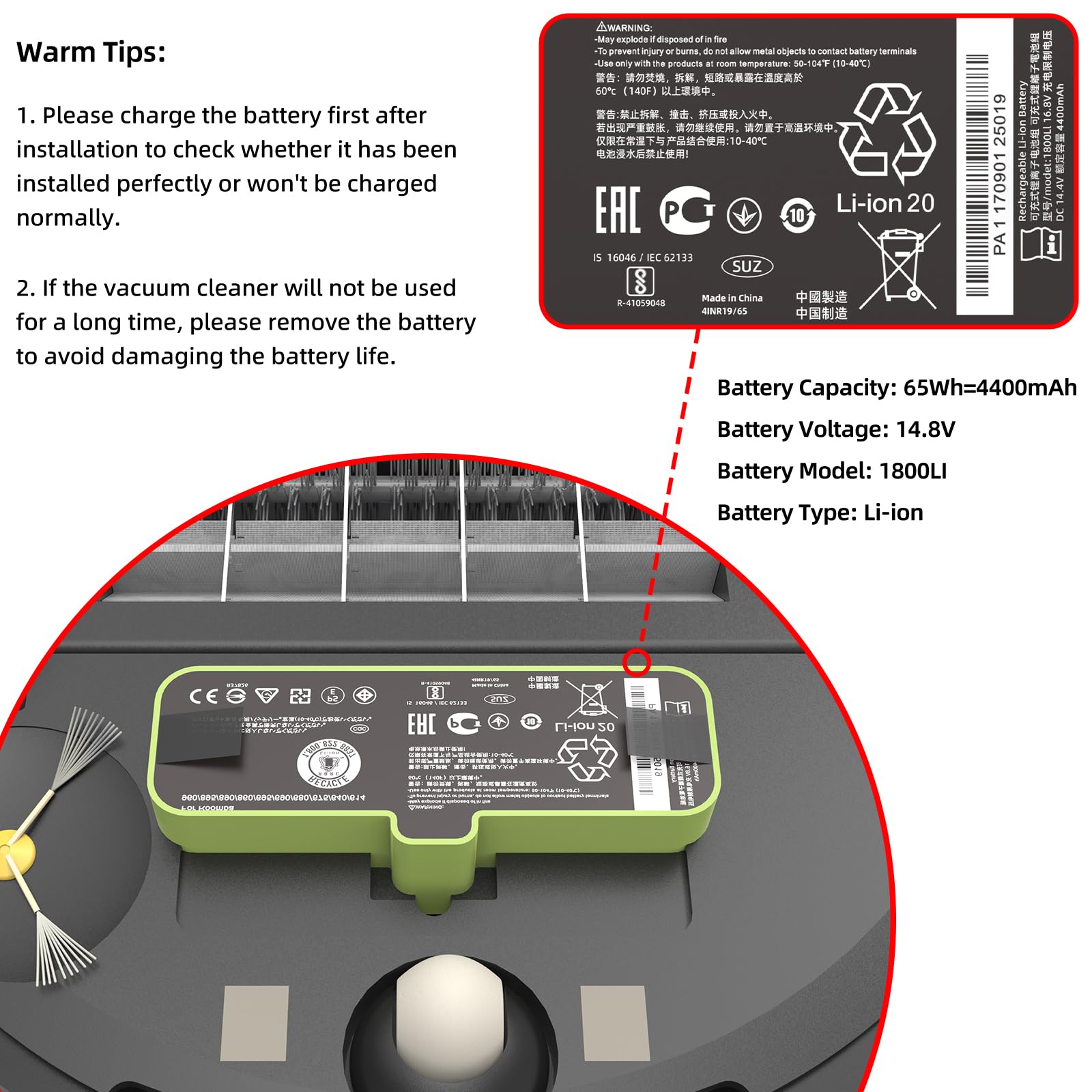 JGTM Roomba battery compatibility guide visual indicating supported Roomba models