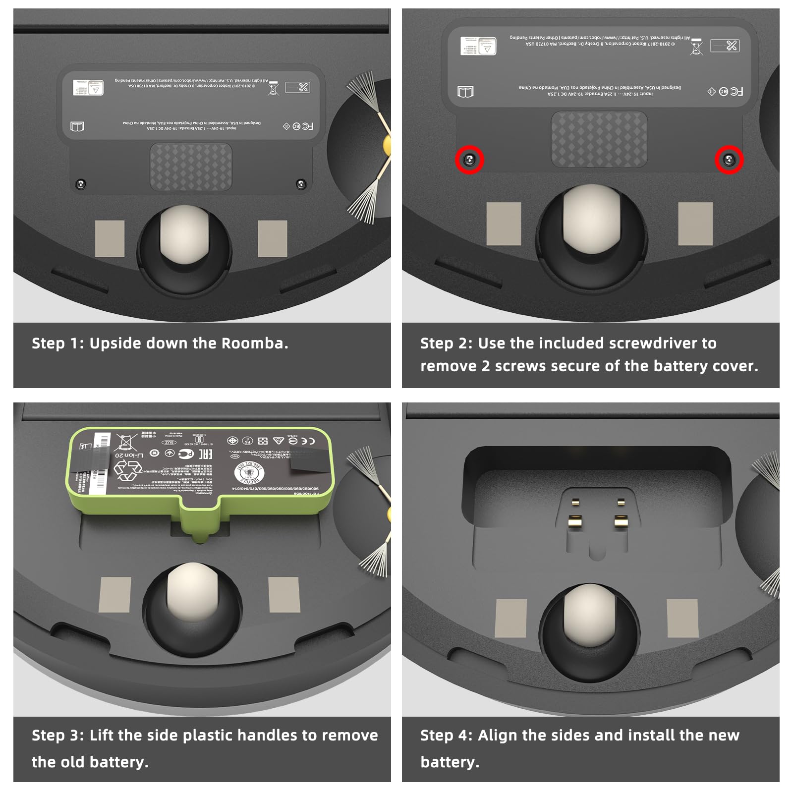 JGTM Roomba battery packaging includes warranty and support options