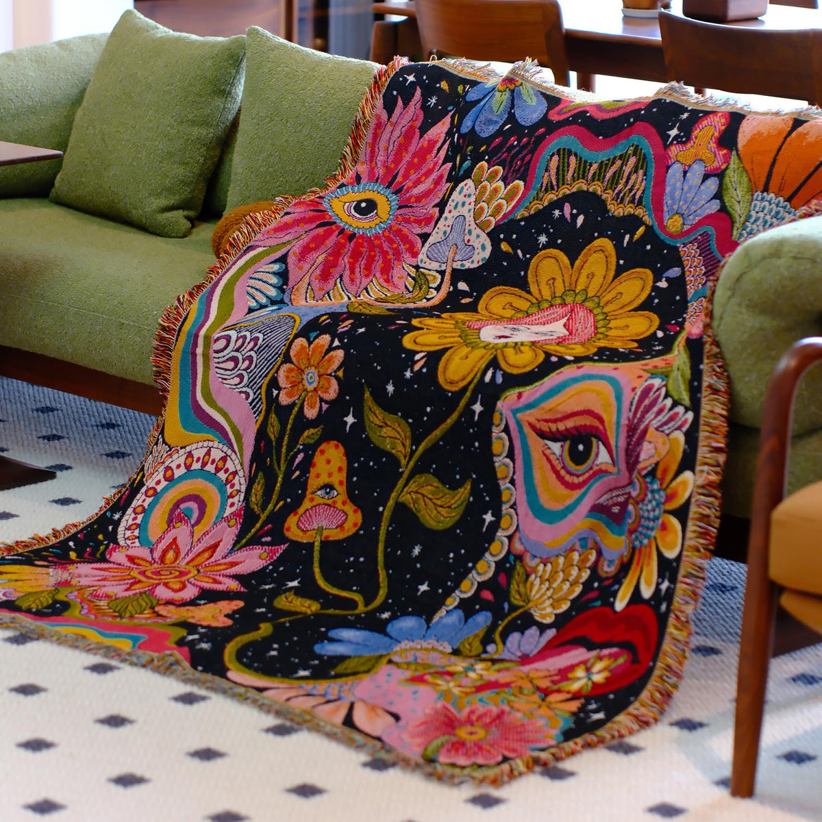 Jhdstore Hippie Flower Throw Blanket on a couch adds cozy boho style.