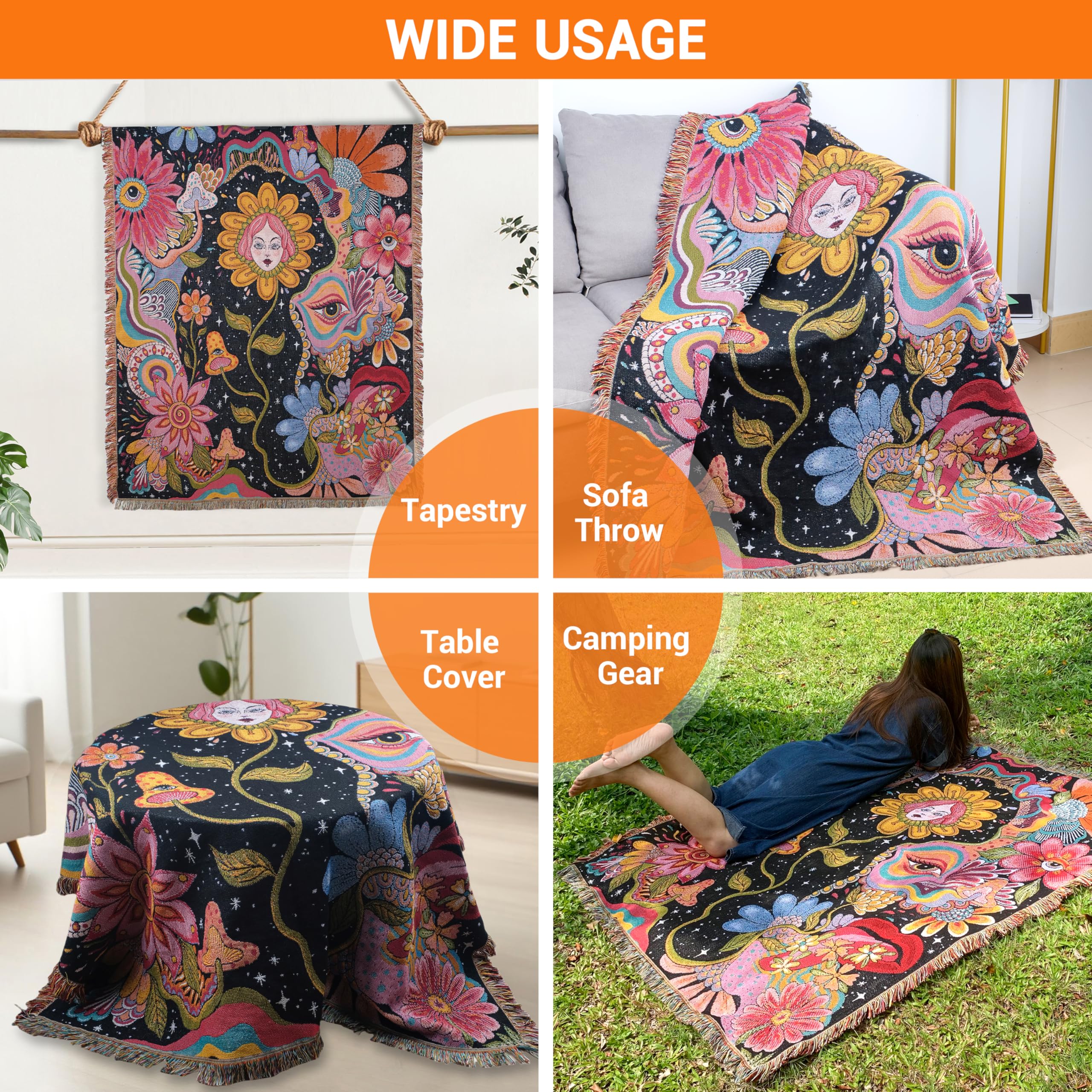 Jhdstore Hippie Flower Throw Blanket with reversible cotton weave for two looks.