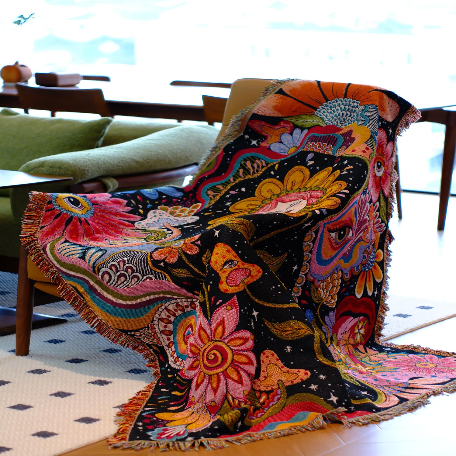 Jhdstore Hippie Flower Throw Blanket styled as wall tapestry for artful decor.