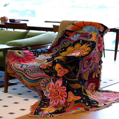 Jhdstore Hippie Flower Throw Blanket styled as wall tapestry for artful decor.