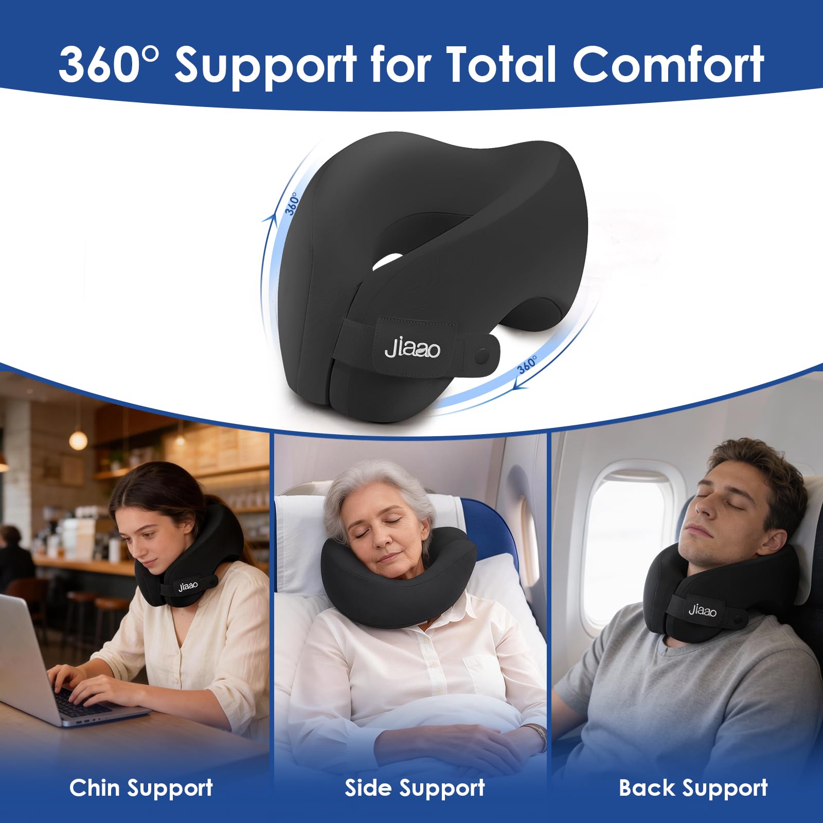 jiaao travel pillow adjustable-fit-strap offers secure, personalized comfort during long journeys