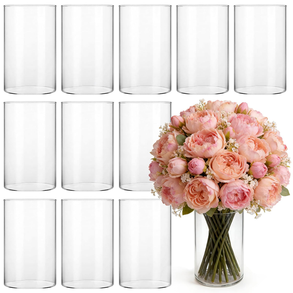 Jibrelxion 12-pack glass cylinder vases for clear centerpieces in weddings and home decor