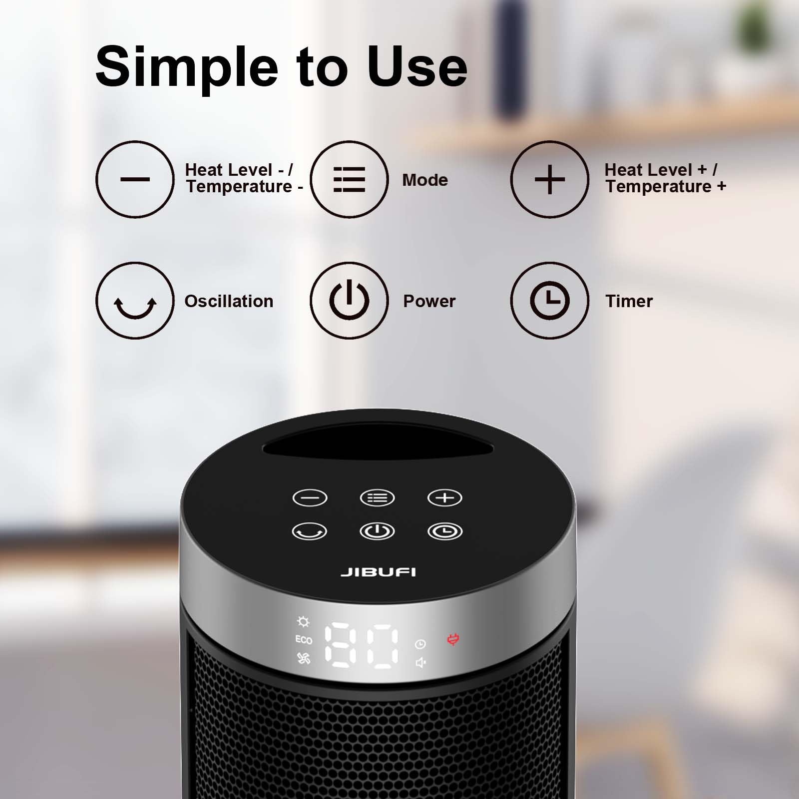 JIBUFI ceramic space heater remote control for convenient temperature adjustments.