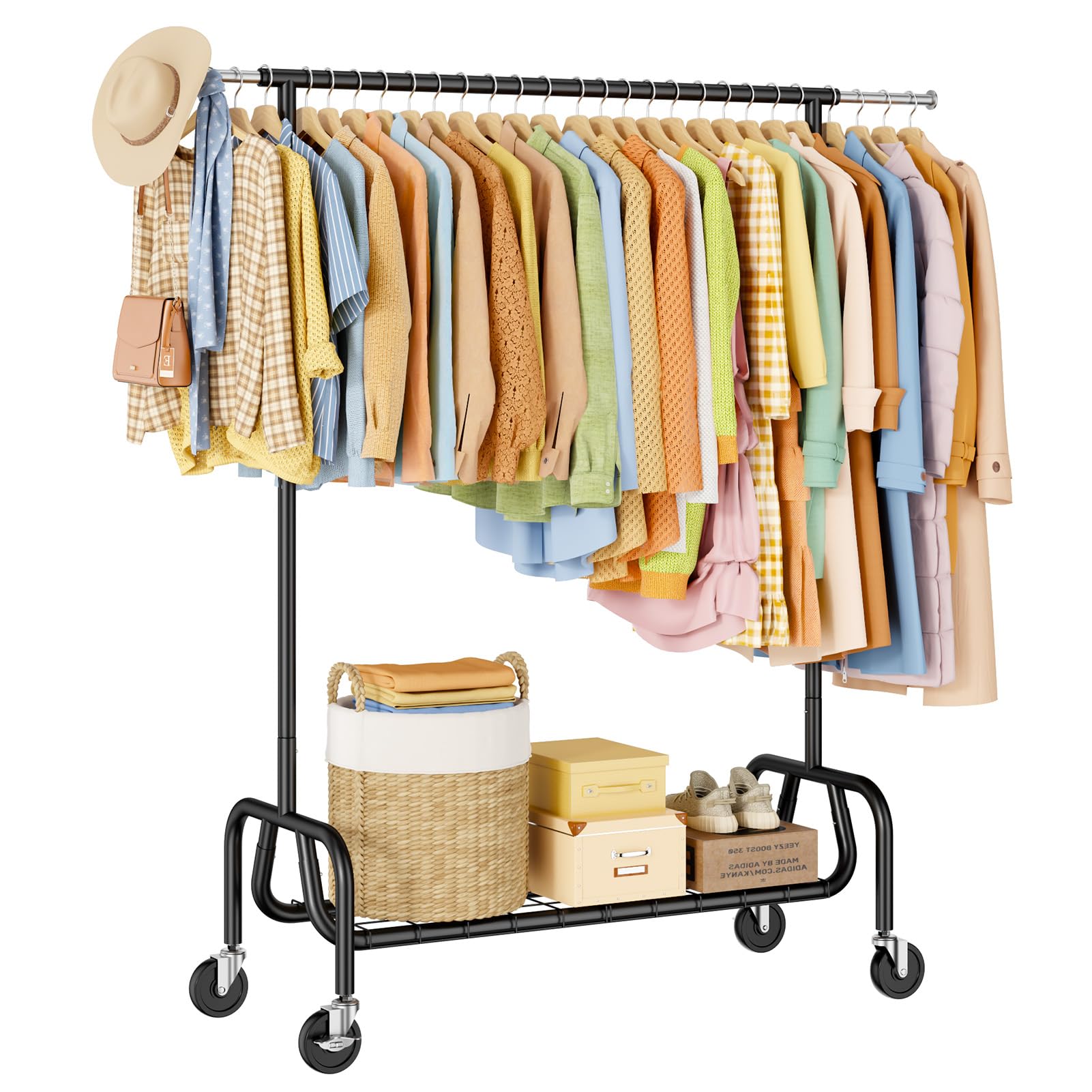 JIEJIERUI heavy-duty clothing rack with wheels, sturdy frame for heavy garments