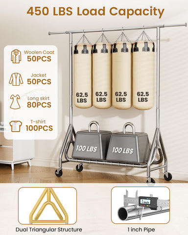 JIEJIERUI clothing rack with lockable wheels for stable, quiet movement.