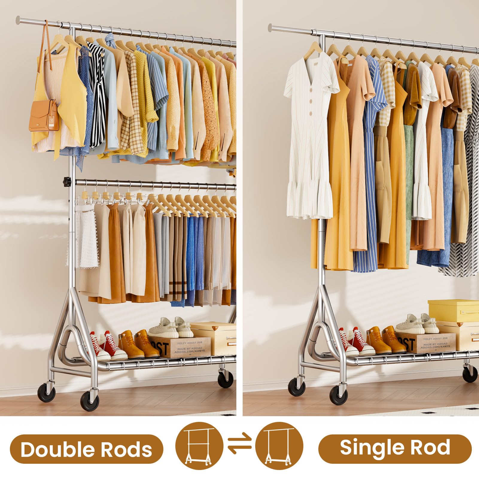 JIEJIERUI heavy-duty rack at 78-inch height fits long garments without dragging.