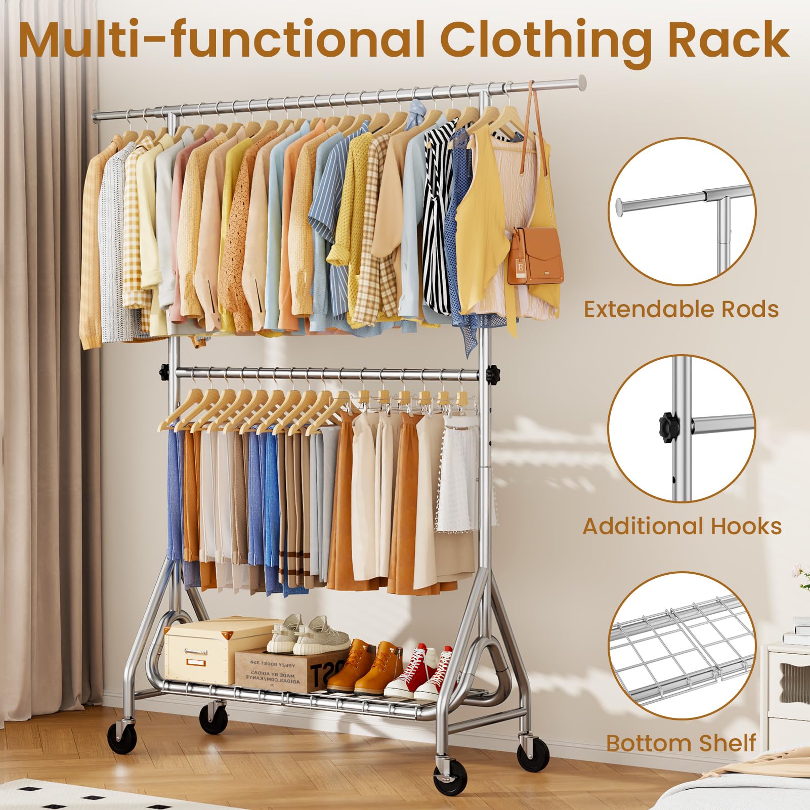 JIEJIERUI rack center rod is removable for lengthier garments and versatility.