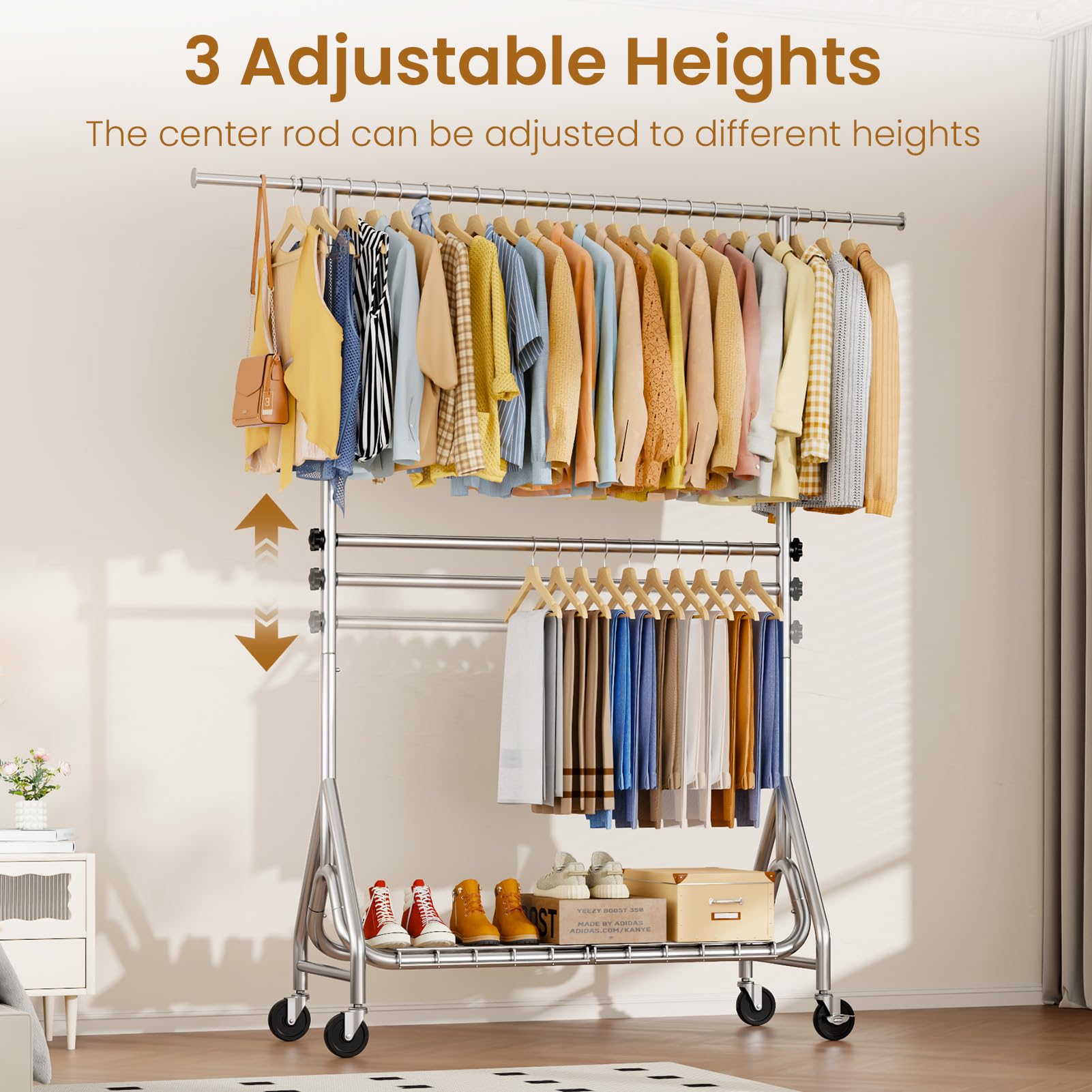 JIEJIERUI heavy-duty rack double rods maximize hanging space for bulk storage.