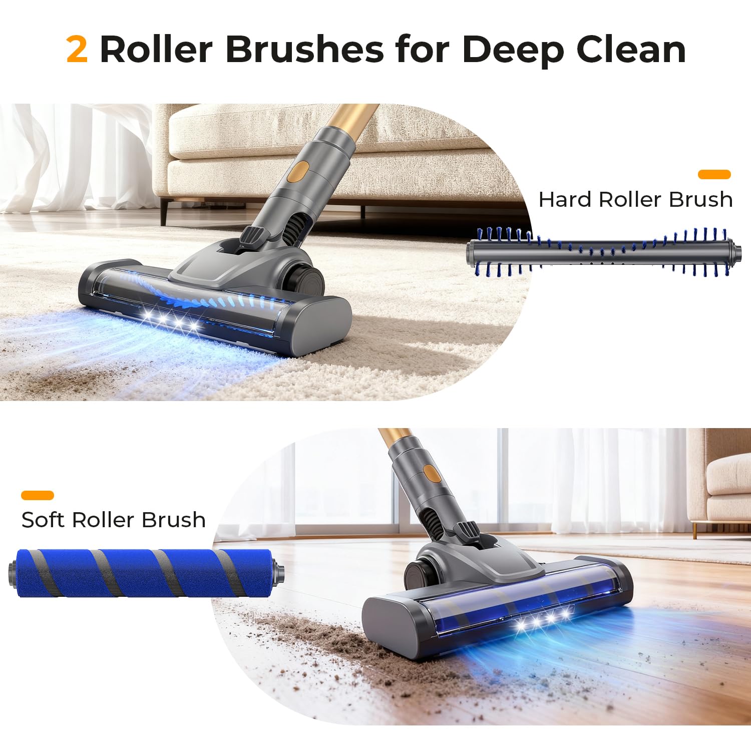 JIEANER hard floor brush with LEDs illuminating dust under furniture