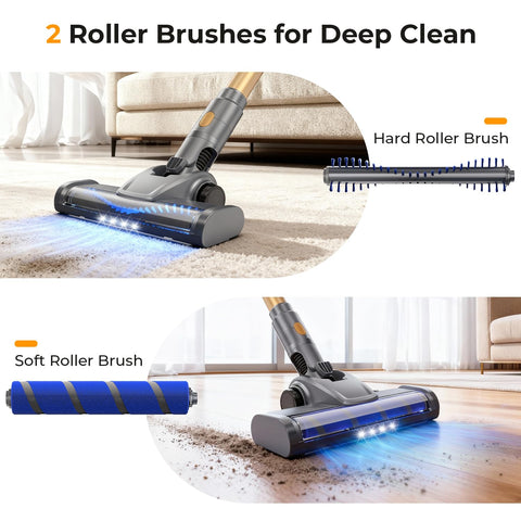 JIEANER hard floor brush with LEDs illuminating dust under furniture
