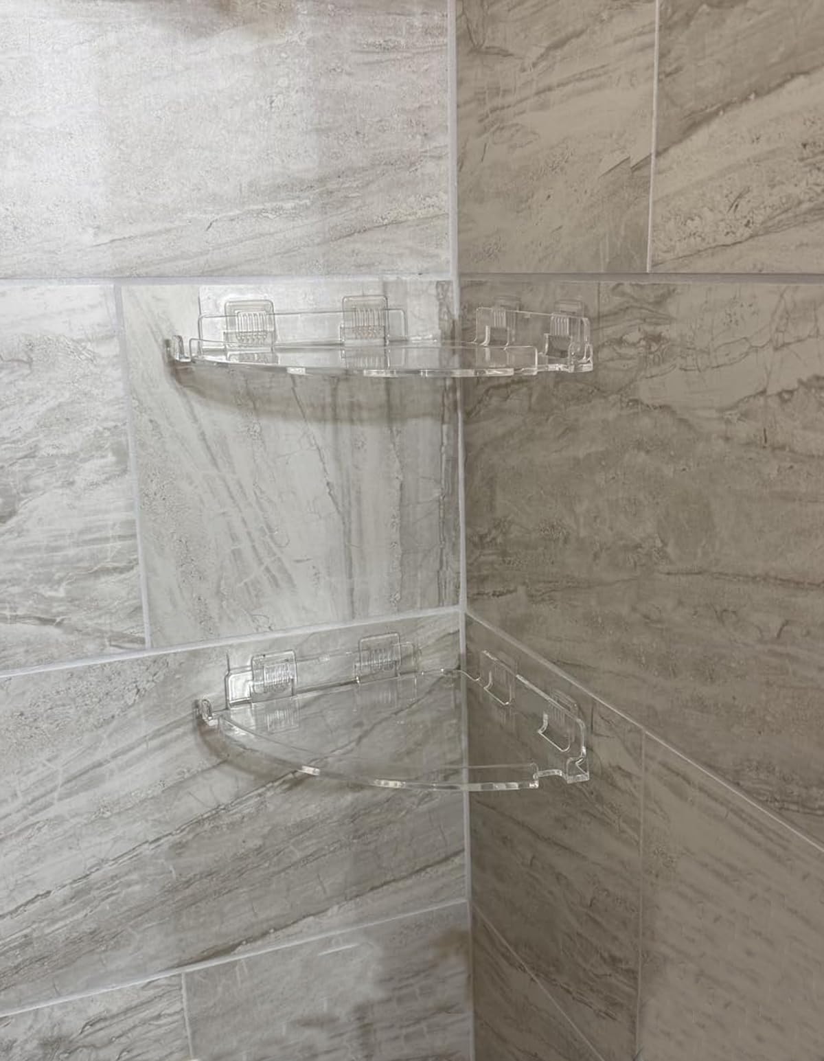 JiePai two-pack corner caddies mounted on tile wall with no drilling required.