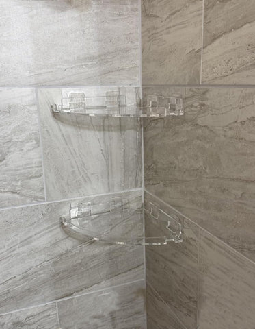 JiePai two-pack corner caddies mounted on tile wall with no drilling required.