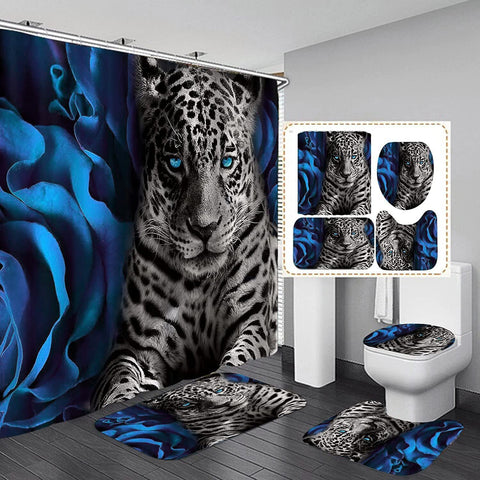 Jieprom blue rose leopard curtain closeup highlighting vibrant 3D print for luxury bathroom style.
