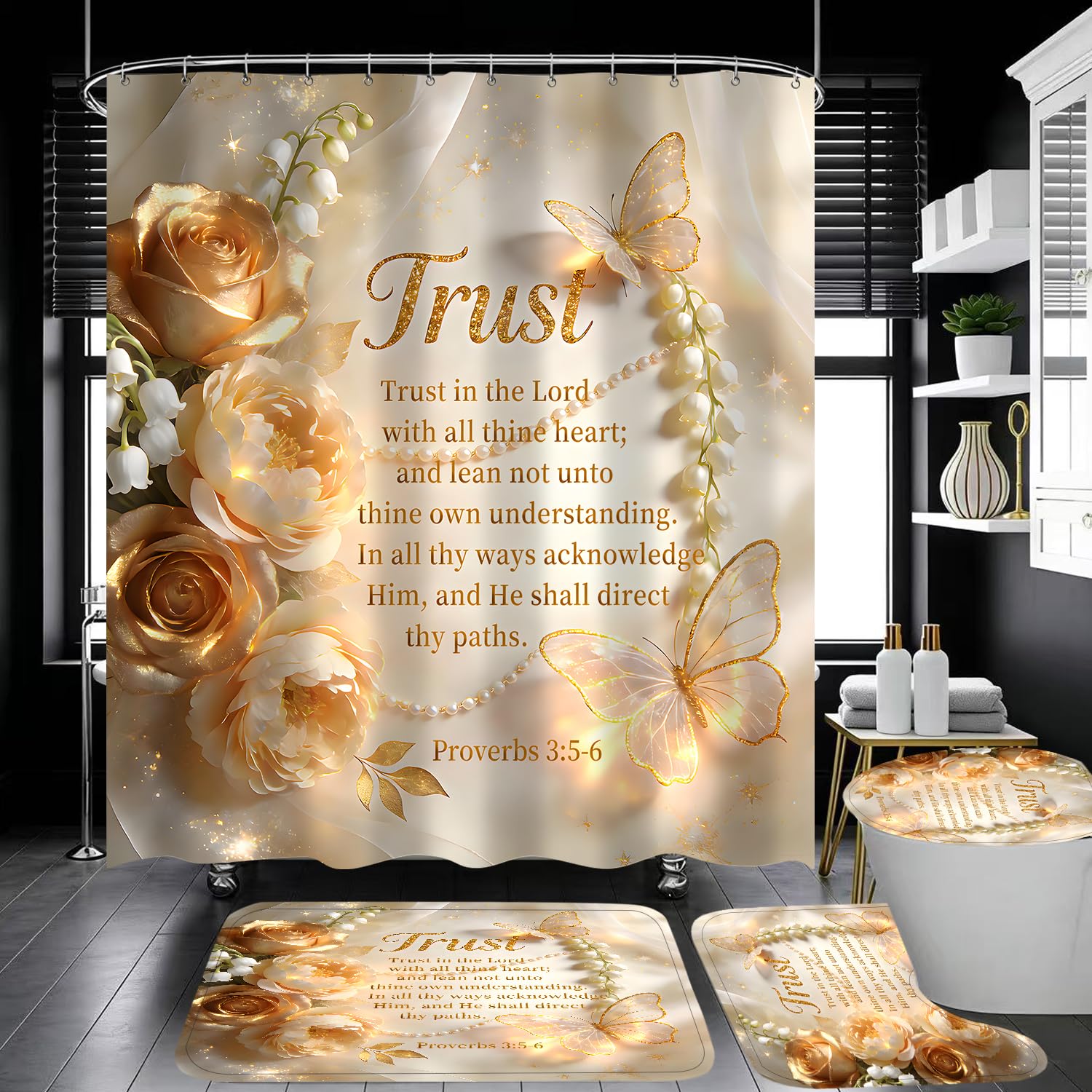 Jieprom inspirational quotes shower curtain with gold floral print elevates bathroom elegance.